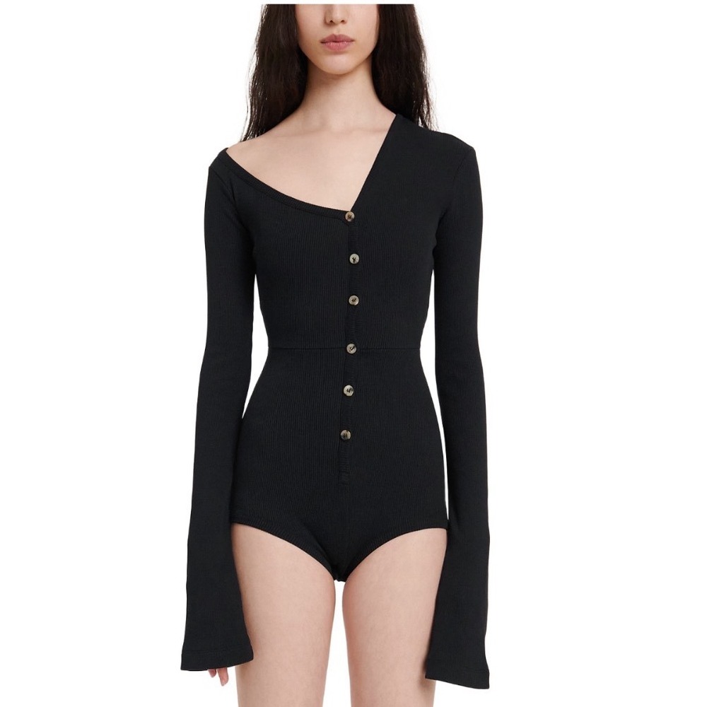 A.W.A.K.E. MODE Asymmetric Neck Playsuit‎ Black Ribbed Cotton Bell Sleeve MEDIUM